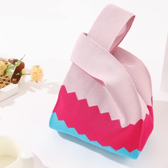 Source Unknown Handbags - Polyester Colorful Knit Tote Bag~Sea Wave Pink